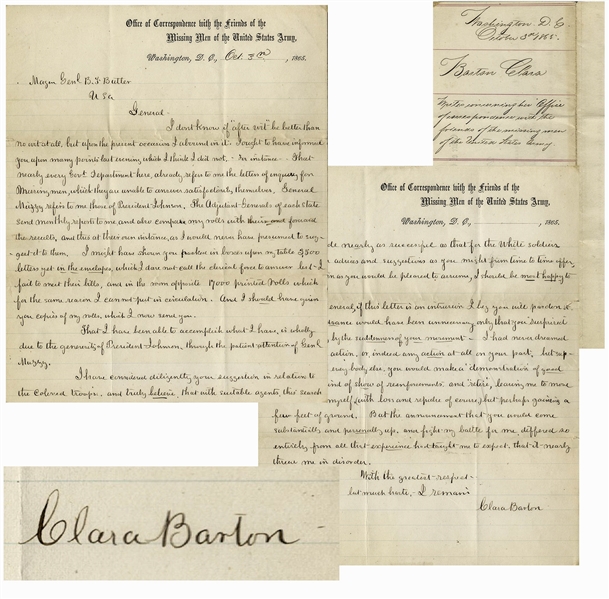 Clara Barton Autograph Letter Signed Regarding Missing Black Soldiers -- ''...in relation to the Colored Troops...this search can be made nearly as successful as that for the white soldiers...''